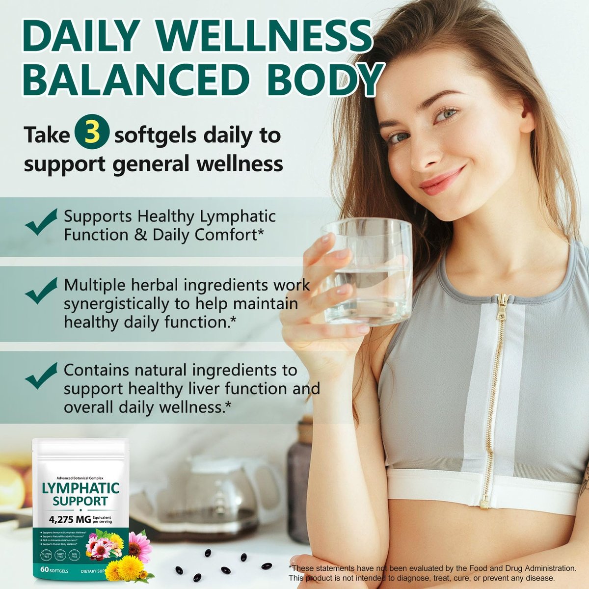 Lymphdrainage Kapseln, 4275mg Kräutermischung für Immun- und Flüssigkeitsgesundheit für Männer und Frauen, mit Löwenzahn, Klettenwurzel, Echinacea, Kurkuma, 60 Softgels für Lymphsystem-Gleichgewicht