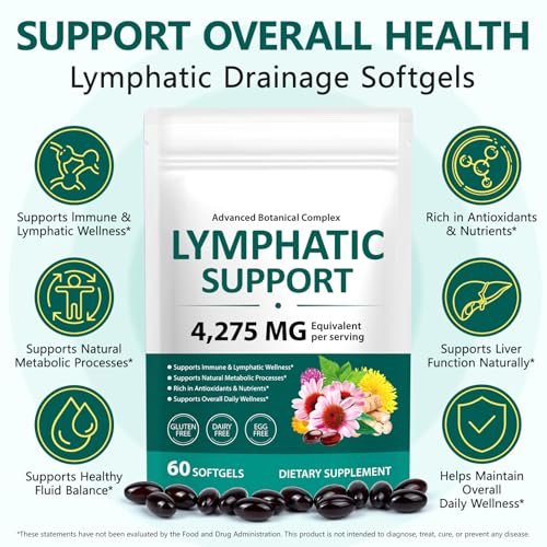 Lymphdrainage Kapseln, 4275mg Kräutermischung für Immun- und Flüssigkeitsgesundheit für Männer und Frauen, mit Löwenzahn, Klettenwurzel, Echinacea, Kurkuma, 60 Softgels für Lymphsystem-Gleichgewicht