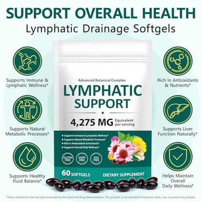 Lymphdrainage Kapseln, 4275mg Kräutermischung für Immun- und Flüssigkeitsgesundheit für Männer und Frauen, mit Löwenzahn, Klettenwurzel, Echinacea, Kurkuma, 60 Softgels für Lymphsystem-Gleichgewicht