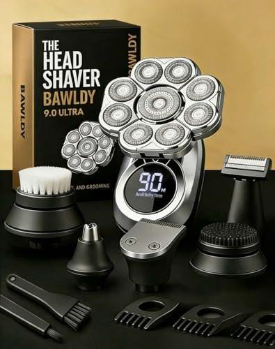Bawldy 9.0 Ultra Shaver – Professioneller Kopfhaarrasierer für Männer mit 9D-Floating-System, Dual-Track-Klingen, 6-in-1 abnehmbarem Aufsatz, IPX7 wasserdicht