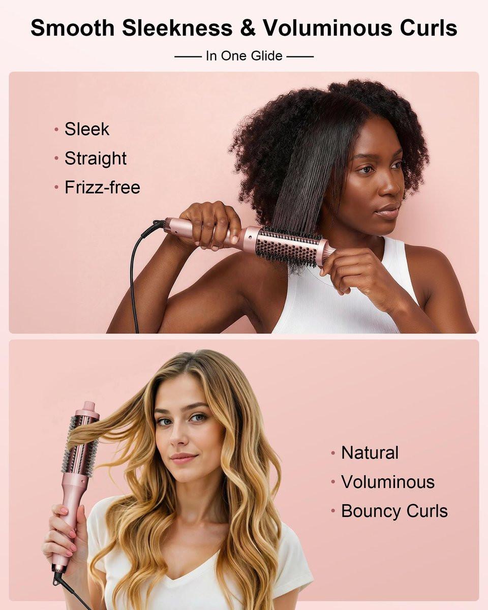 Thermal Brush für Haarvolumen Boost, Upgrade Heiz-Rundbürste mit 2× negativen Ionen für weniger Frizz, 1,5 Zoll Dual Voltage Lockenbürste mit 360° Luftstrom-Heizung (nicht zum Haartrocknen) - Rosa