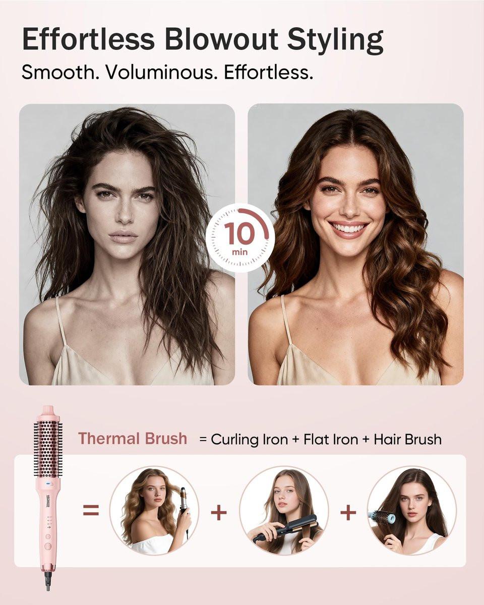Thermal Brush für Haarvolumen Boost, Upgrade Heiz-Rundbürste mit 2× negativen Ionen für weniger Frizz, 1,5 Zoll Dual Voltage Lockenbürste mit 360° Luftstrom-Heizung (nicht zum Haartrocknen) - Rosa