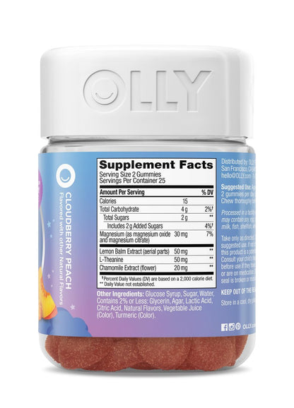 OLLY Kids Melatonin Freies Schlafgummi – Magnesium, L-Theanin, Zitronenmelisse, Cloudberry-Pfirsich-Geschmack, 25-Tage-Vorrat (50 Stück)