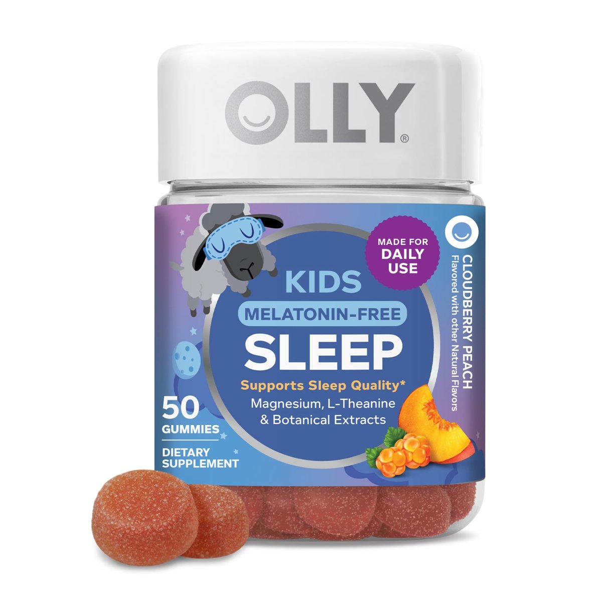OLLY Kids Melatonin Freies Schlafgummi – Magnesium, L-Theanin, Zitronenmelisse, Cloudberry-Pfirsich-Geschmack, 25-Tage-Vorrat (50 Stück)
