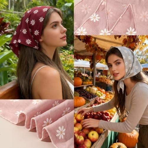 3er-Set Blumen-Haarbandanas für Frauen – Boho-Kopftücher mit Gänseblümchen-Druck, Chiffon-Halstuch, Dreieckstuch mit Bändern für dünnes und dickes Haar, lockiges Haar, modisches Beach-Accessoire