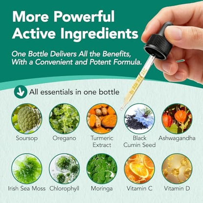 Soursop Bitters Liquid Drops 12-in-1 Komplex - 2 Fl Oz | Angereichert mit Seemoos, Moringa, Kurkuma & Ashwagandha-Extrakt | Pflanzliches Tonikum für Immununterstützung & Verdauungswohl | Vitamin C & D3 | Vegan