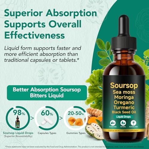 Soursop Bitters Liquid Drops 12-in-1 Komplex - 2 Fl Oz | Angereichert mit Seemoos, Moringa, Kurkuma & Ashwagandha-Extrakt | Pflanzliches Tonikum für Immununterstützung & Verdauungswohl | Vitamin C & D3 | Vegan