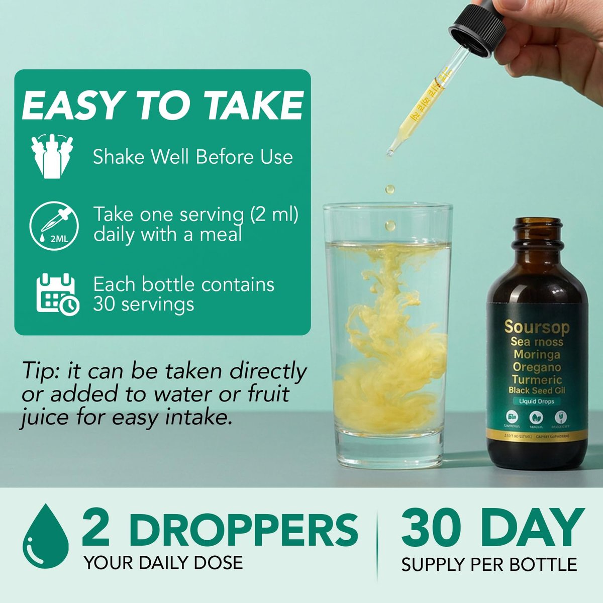 Soursop Bitters Liquid Drops 12-in-1 Komplex - 2 Fl Oz | Angereichert mit Seemoos, Moringa, Kurkuma & Ashwagandha-Extrakt | Pflanzliches Tonikum für Immununterstützung & Verdauungswohl | Vitamin C & D3 | Vegan