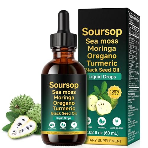 Soursop Bitters Liquid Drops 12-in-1 Komplex - 2 Fl Oz | Angereichert mit Seemoos, Moringa, Kurkuma & Ashwagandha-Extrakt | Pflanzliches Tonikum für Immununterstützung & Verdauungswohl | Vitamin C & D3 | Vegan