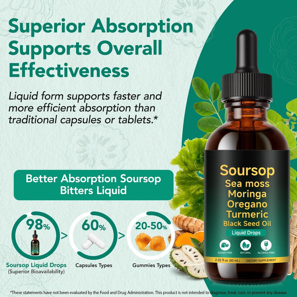 Soursop Bitters Liquid Drops 12-in-1 Komplex - 2 Fl Oz | Angereichert mit Seemoos, Moringa, Kurkuma & Ashwagandha-Extrakt | Pflanzliches Tonikum für Immununterstützung & Verdauungswohl | Vitamin C & D3 | Vegan
