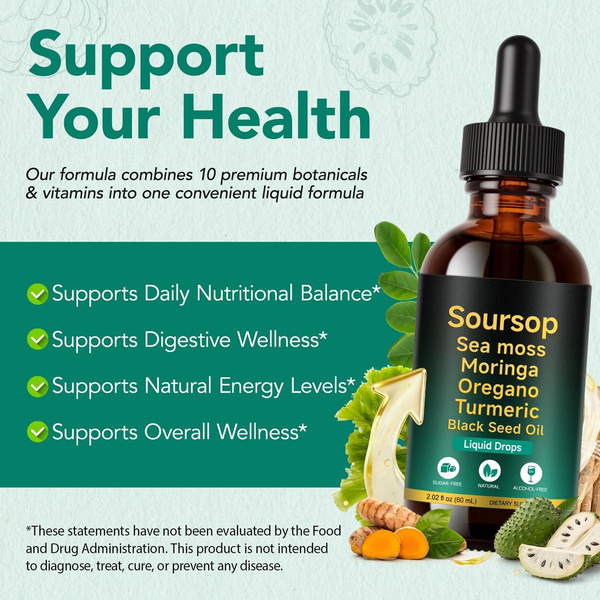 Soursop Bitters Liquid Drops 12-in-1 Komplex - 2 Fl Oz | Angereichert mit Seemoos, Moringa, Kurkuma & Ashwagandha-Extrakt | Pflanzliches Tonikum für Immununterstützung & Verdauungswohl | Vitamin C & D3 | Vegan