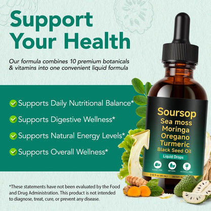 Soursop Bitters Liquid Drops 12-in-1 Komplex - 2 Fl Oz | Angereichert mit Seemoos, Moringa, Kurkuma & Ashwagandha-Extrakt | Pflanzliches Tonikum für Immununterstützung & Verdauungswohl | Vitamin C & D3 | Vegan