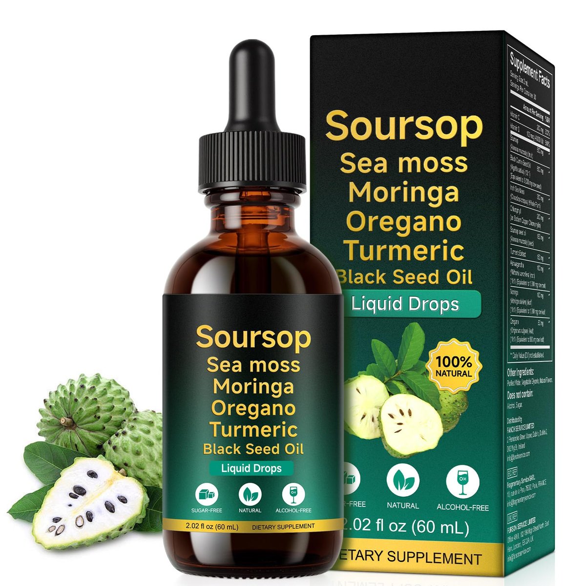 Soursop Bitters Liquid Drops 12-in-1 Komplex - 2 Fl Oz | Angereichert mit Seemoos, Moringa, Kurkuma & Ashwagandha-Extrakt | Pflanzliches Tonikum für Immununterstützung & Verdauungswohl | Vitamin C & D3 | Vegan