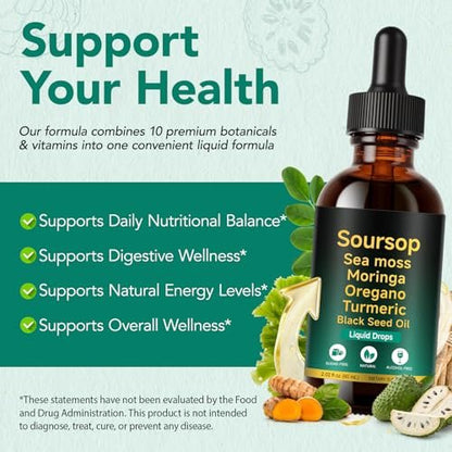 Soursop Bitters Liquid Drops 12-in-1 Komplex - 2 Fl Oz | Angereichert mit Seemoos, Moringa, Kurkuma & Ashwagandha-Extrakt | Pflanzliches Tonikum für Immununterstützung & Verdauungswohl | Vitamin C & D3 | Vegan