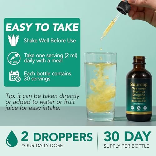 Soursop Bitters Liquid Drops 12-in-1 Komplex - 2 Fl Oz | Angereichert mit Seemoos, Moringa, Kurkuma & Ashwagandha-Extrakt | Pflanzliches Tonikum für Immununterstützung & Verdauungswohl | Vitamin C & D3 | Vegan