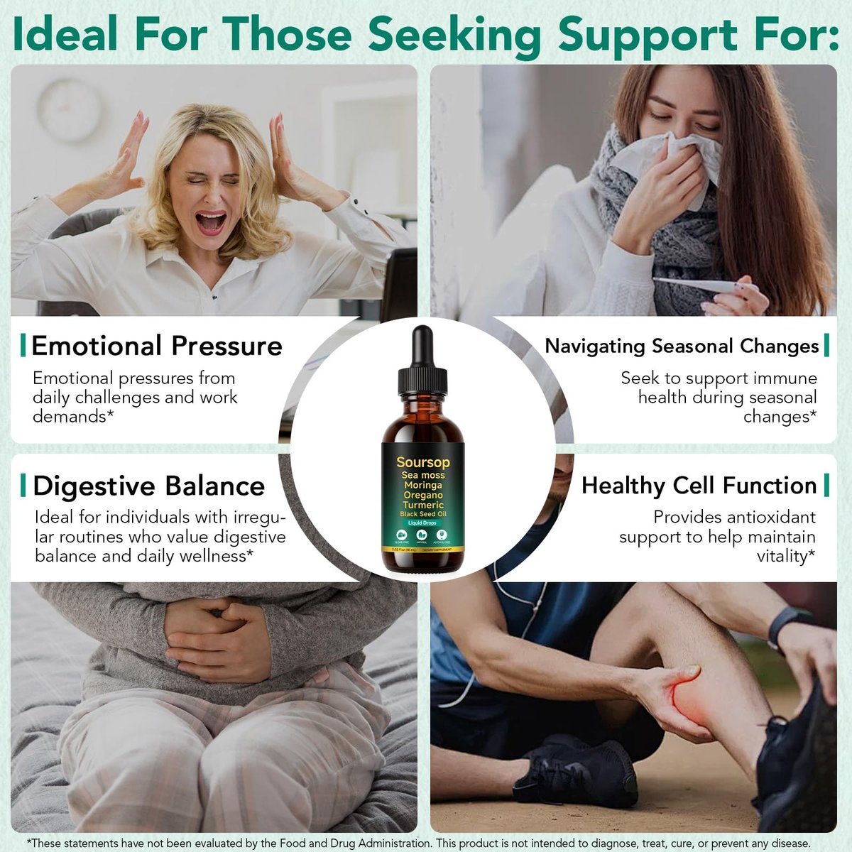 Soursop Bitters Liquid Drops 12-in-1 Komplex - 2 Fl Oz | Angereichert mit Seemoos, Moringa, Kurkuma & Ashwagandha-Extrakt | Pflanzliches Tonikum für Immununterstützung & Verdauungswohl | Vitamin C & D3 | Vegan