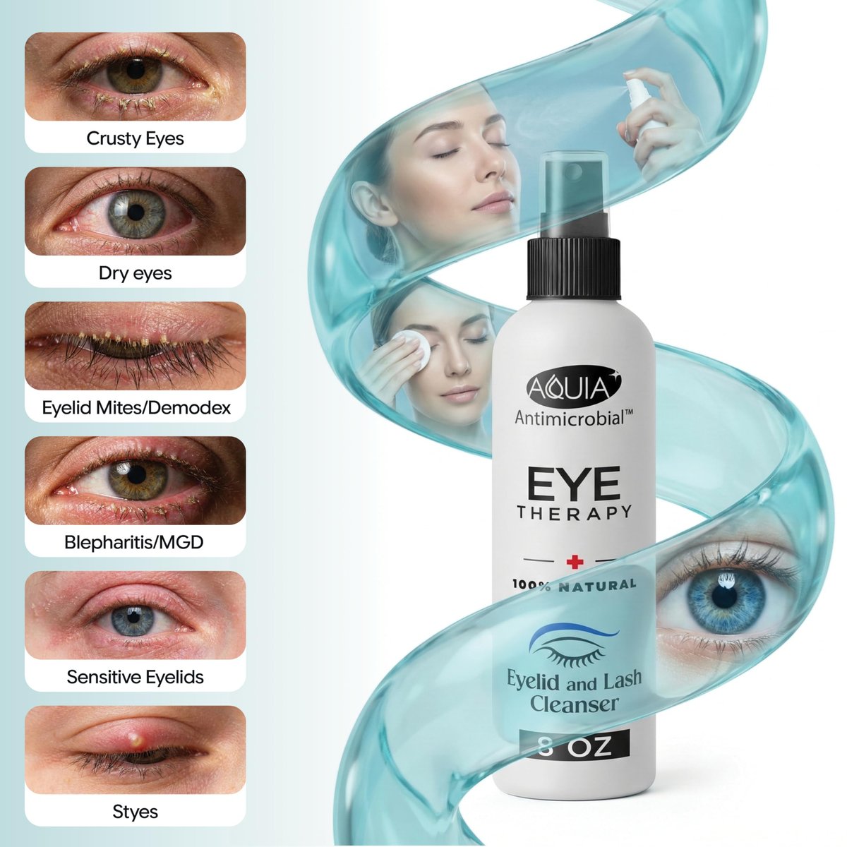Aquia Augenlid-Reinigungsspray 8oz | Blepharitis Behandlung | Stye Behandlung | Hypochlorige Säure für trockene Augen, Demodex, Chalazion, MGD, Milben | Lid- und Wimpernreiniger