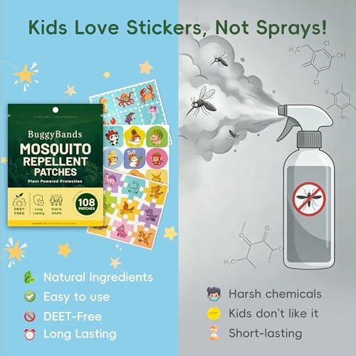 BuggyBands Mückenschutz-Sticker für Kinder – 108 Stück wasserfeste PU-Mückenpflaster (Dinosaurier, Ozean & Früchte) – Pflanzliche Öle, DEET-frei – Sicher für Kleinkinder & Kinder