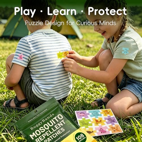 BuggyBands Mückenschutz-Sticker für Kinder – 108 Stück wasserfeste PU-Mückenpflaster (Dinosaurier, Ozean & Früchte) – Pflanzliche Öle, DEET-frei – Sicher für Kleinkinder & Kinder