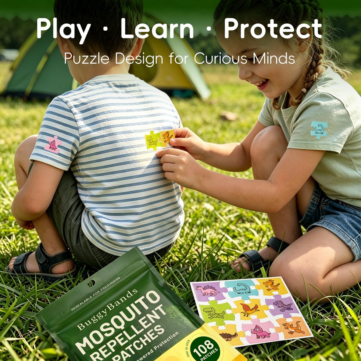 BuggyBands Mückenschutz-Sticker für Kinder – 108 Stück wasserfeste PU-Mückenpflaster (Dinosaurier, Ozean & Früchte) – Pflanzliche Öle, DEET-frei – Sicher für Kleinkinder & Kinder