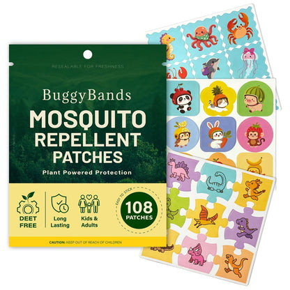 BuggyBands Mückenschutz-Sticker für Kinder – 108 Stück wasserfeste PU-Mückenpflaster (Dinosaurier, Ozean & Früchte) – Pflanzliche Öle, DEET-frei – Sicher für Kleinkinder & Kinder