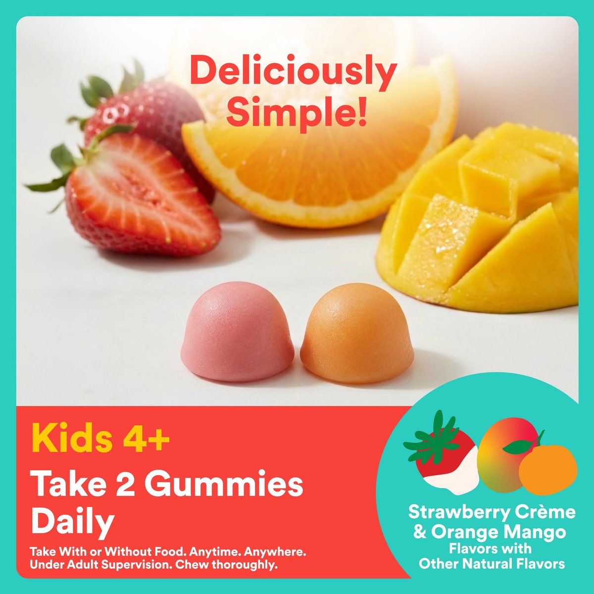 SmartyPants Kids Knochenstärkung 4-in-1 Gummis mit Calcium, Vitamin D3, K2 & Phosphor für wachsende Knochen, Erdbeere Mango, 60 Stück (30-Tage-Vorrat)