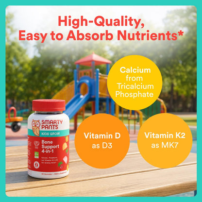SmartyPants Kids Knochenstärkung 4-in-1 Gummis mit Calcium, Vitamin D3, K2 & Phosphor für wachsende Knochen, Erdbeere Mango, 60 Stück (30-Tage-Vorrat)
