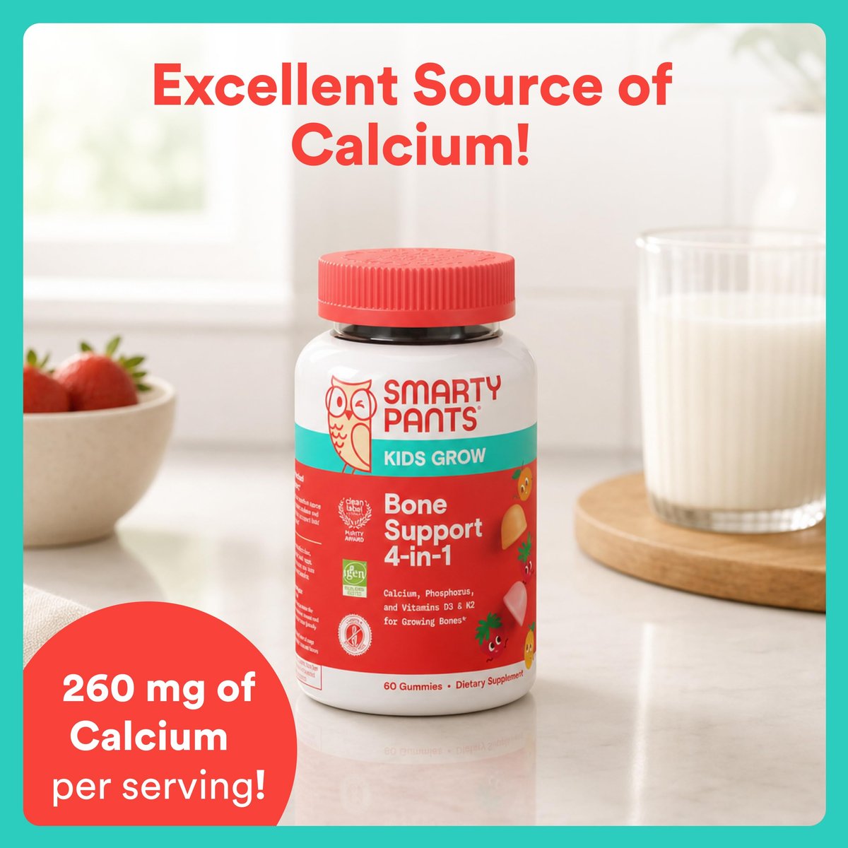 SmartyPants Kids Knochenstärkung 4-in-1 Gummis mit Calcium, Vitamin D3, K2 & Phosphor für wachsende Knochen, Erdbeere Mango, 60 Stück (30-Tage-Vorrat)