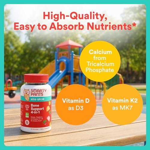 SmartyPants Kids Knochenstärkung 4-in-1 Gummis mit Calcium, Vitamin D3, K2 & Phosphor für wachsende Knochen, Erdbeere Mango, 60 Stück (30-Tage-Vorrat)