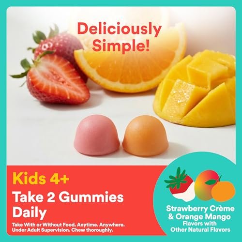 SmartyPants Kids Knochenstärkung 4-in-1 Gummis mit Calcium, Vitamin D3, K2 & Phosphor für wachsende Knochen, Erdbeere Mango, 60 Stück (30-Tage-Vorrat)