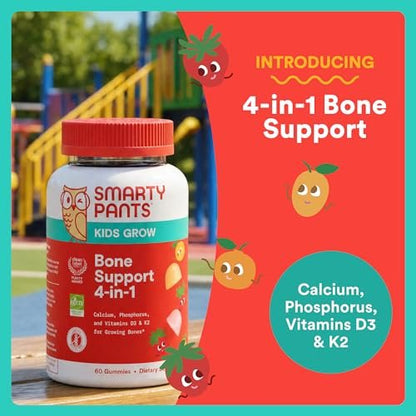 SmartyPants Kids Knochenstärkung 4-in-1 Gummis mit Calcium, Vitamin D3, K2 & Phosphor für wachsende Knochen, Erdbeere Mango, 60 Stück (30-Tage-Vorrat)