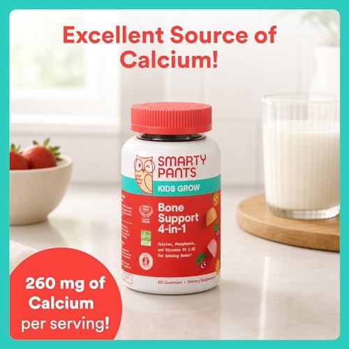 SmartyPants Kids Knochenstärkung 4-in-1 Gummis mit Calcium, Vitamin D3, K2 & Phosphor für wachsende Knochen, Erdbeere Mango, 60 Stück (30-Tage-Vorrat)