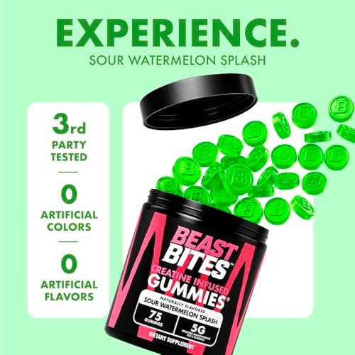 BEAST BITES Kreatin Gummibärchen® – 5 g Kreatin-Monohydrat pro Portion – NSF-zertifiziert für den Sport, Clean Label Project zertifiziert (75 Gummibärchen, saure Wassermelone)