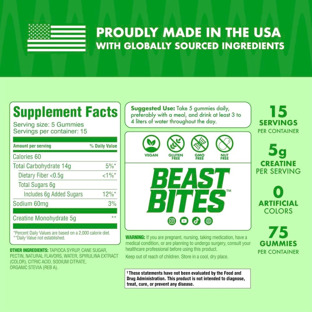 BEAST BITES Kreatin Gummibärchen® – 5 g Kreatin-Monohydrat pro Portion – NSF-zertifiziert für den Sport, Clean Label Project zertifiziert (75 Gummibärchen, saure Wassermelone)