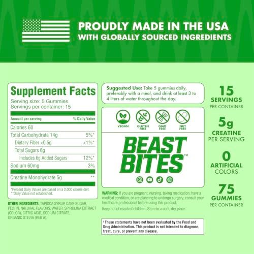 BEAST BITES Kreatin Gummibärchen® – 5 g Kreatin-Monohydrat pro Portion – NSF-zertifiziert für den Sport, Clean Label Project zertifiziert (75 Gummibärchen, saure Wassermelone)