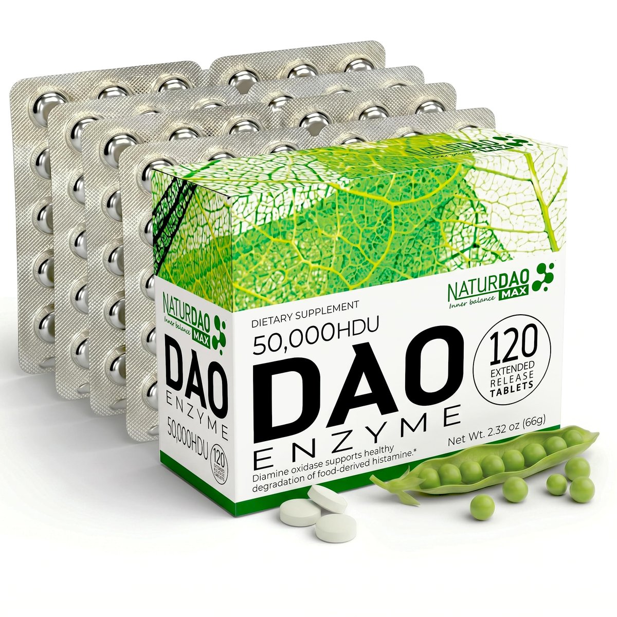 NATURDAO MAX DAO Enzym-Supplement 120 Tabletten, 50.000 HDU pro Tablette, einstellbare Dosierung, verlängerte Freisetzung, Histaminblocker