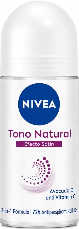 NIVEA Aclarado Tono Natural Efecto Satin Roll-On Deodorant 50 ml – 72h Schutz, Avocadoöl & Vitamin C, Sanfte Achselpflege, USA Version