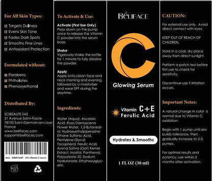 Vitamin C Serum für das Gesicht – CE Ferulic Acid Serum gegen dunkle Flecken, ungleichmäßigen Teint & feine Linien – Parabenfreie Formel – 30 ml – Aufhellendes & feuchtigkeitsspendendes Serum