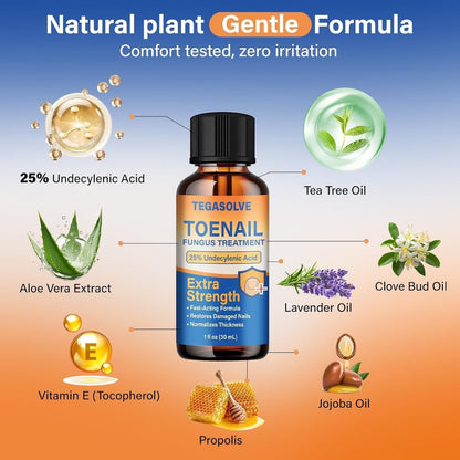TEGASOLVE Zehennagelpilz Behandlung Extra Stark – 25% Undecylensäure Antimykotikum für dicke, verfärbte Nägel – Podologen empfohlen mit Teebaumöl, Aloe Vera & beruhigenden Botanicals (1 Stück)