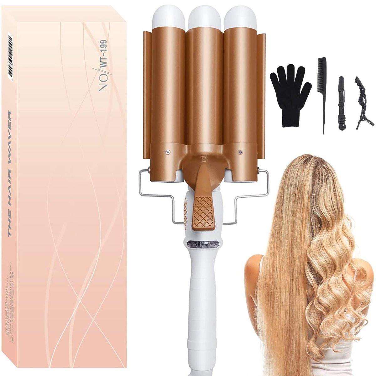 Großer 3-Barrel-Lockenstab, Haarwellenstab mit 3 Zylindern & Kräuselfunktion für Beach Waves, 1,25 Zoll Keramik-Tourmalin-Welleneisen, LCD einstellbar 14 Temperaturen 80-210 °C, 32 mm Haareisen