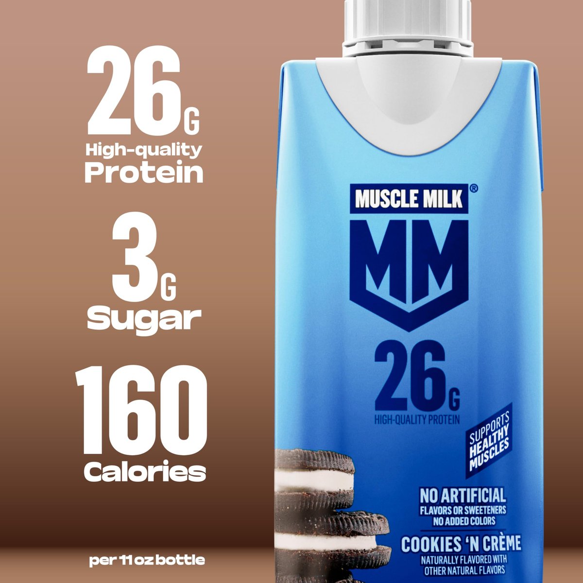 Muscle Milk High Protein Shake, Cookies 'n Creme, 11 fl oz (12er Pack) – 26g Protein, 3g Zucker, 160 Kalorien, ohne künstliche Aromen