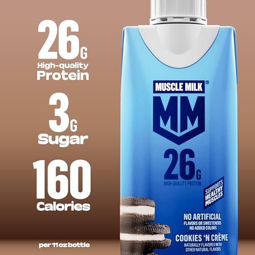 Muscle Milk High Protein Shake, Cookies 'n Creme, 11 fl oz (12er Pack) – 26g Protein, 3g Zucker, 160 Kalorien, ohne künstliche Aromen