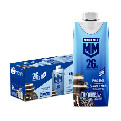 Muscle Milk High Protein Shake, Cookies 'n Creme, 11 fl oz (12er Pack) – 26g Protein, 3g Zucker, 160 Kalorien, ohne künstliche Aromen
