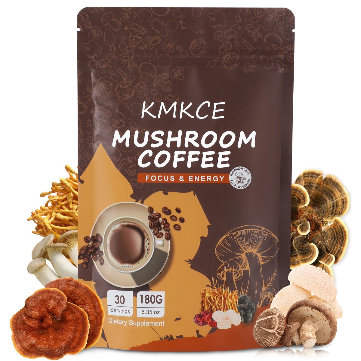KMKCE Bio-Pilz-Kaffee mit 6 Bio-Pilzen: Löwenmähne, Reishi, Cordyceps, Shitake, King Trumpet & Turkey Tail – Instant-Kaffeepulver für Energie, Verdauung & Immununterstützung, 30 Portionen