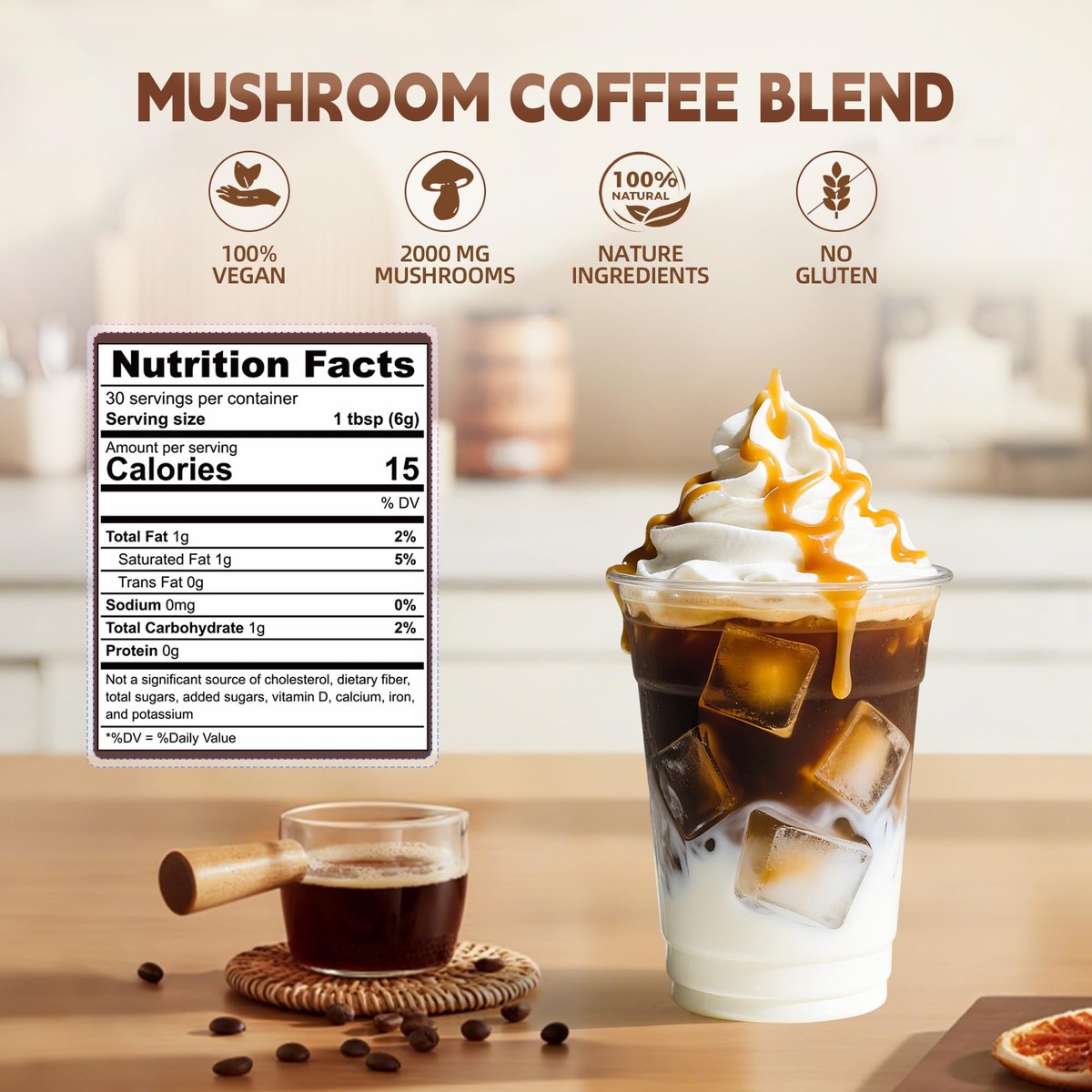 KMKCE Bio-Pilz-Kaffee mit 6 Bio-Pilzen: Löwenmähne, Reishi, Cordyceps, Shitake, King Trumpet & Turkey Tail – Instant-Kaffeepulver für Energie, Verdauung & Immununterstützung, 30 Portionen