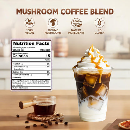KMKCE Bio-Pilz-Kaffee mit 6 Bio-Pilzen: Löwenmähne, Reishi, Cordyceps, Shitake, King Trumpet & Turkey Tail – Instant-Kaffeepulver für Energie, Verdauung & Immununterstützung, 30 Portionen