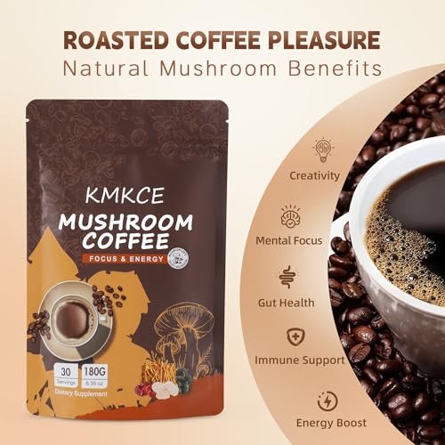 KMKCE Bio-Pilz-Kaffee mit 6 Bio-Pilzen: Löwenmähne, Reishi, Cordyceps, Shitake, King Trumpet & Turkey Tail – Instant-Kaffeepulver für Energie, Verdauung & Immununterstützung, 30 Portionen