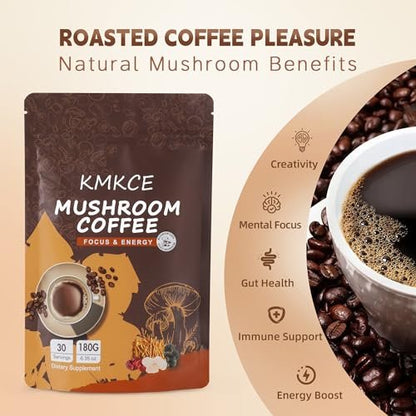KMKCE Bio-Pilz-Kaffee mit 6 Bio-Pilzen: Löwenmähne, Reishi, Cordyceps, Shitake, King Trumpet & Turkey Tail – Instant-Kaffeepulver für Energie, Verdauung & Immununterstützung, 30 Portionen