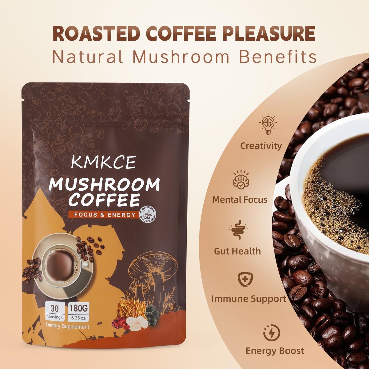 KMKCE Bio-Pilz-Kaffee mit 6 Bio-Pilzen: Löwenmähne, Reishi, Cordyceps, Shitake, King Trumpet & Turkey Tail – Instant-Kaffeepulver für Energie, Verdauung & Immununterstützung, 30 Portionen