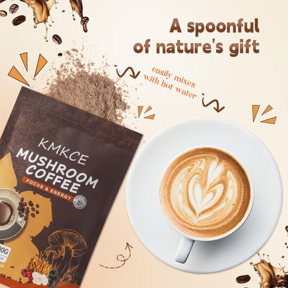 KMKCE Bio-Pilz-Kaffee mit 6 Bio-Pilzen: Löwenmähne, Reishi, Cordyceps, Shitake, King Trumpet & Turkey Tail – Instant-Kaffeepulver für Energie, Verdauung & Immununterstützung, 30 Portionen